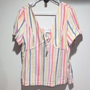 Old Navy Multicolor Vertical Stripe V-Neck Tie Short Sleeve Top